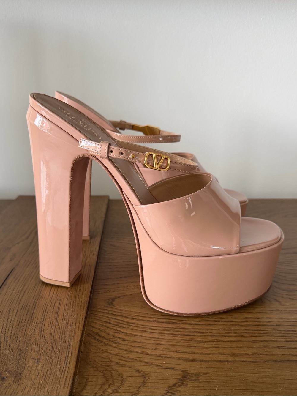 Valentino Blush Patent Leather Platform Heels with Gold Logo Buckle